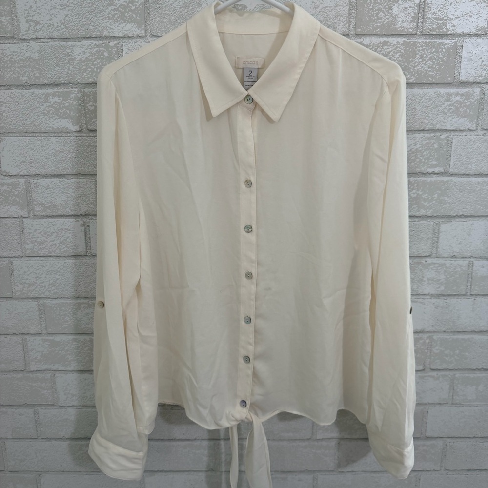 Chico's Ivory Tie-Front Button Down Blouse - Roll-Tab Sleeves - Size 12 #3064